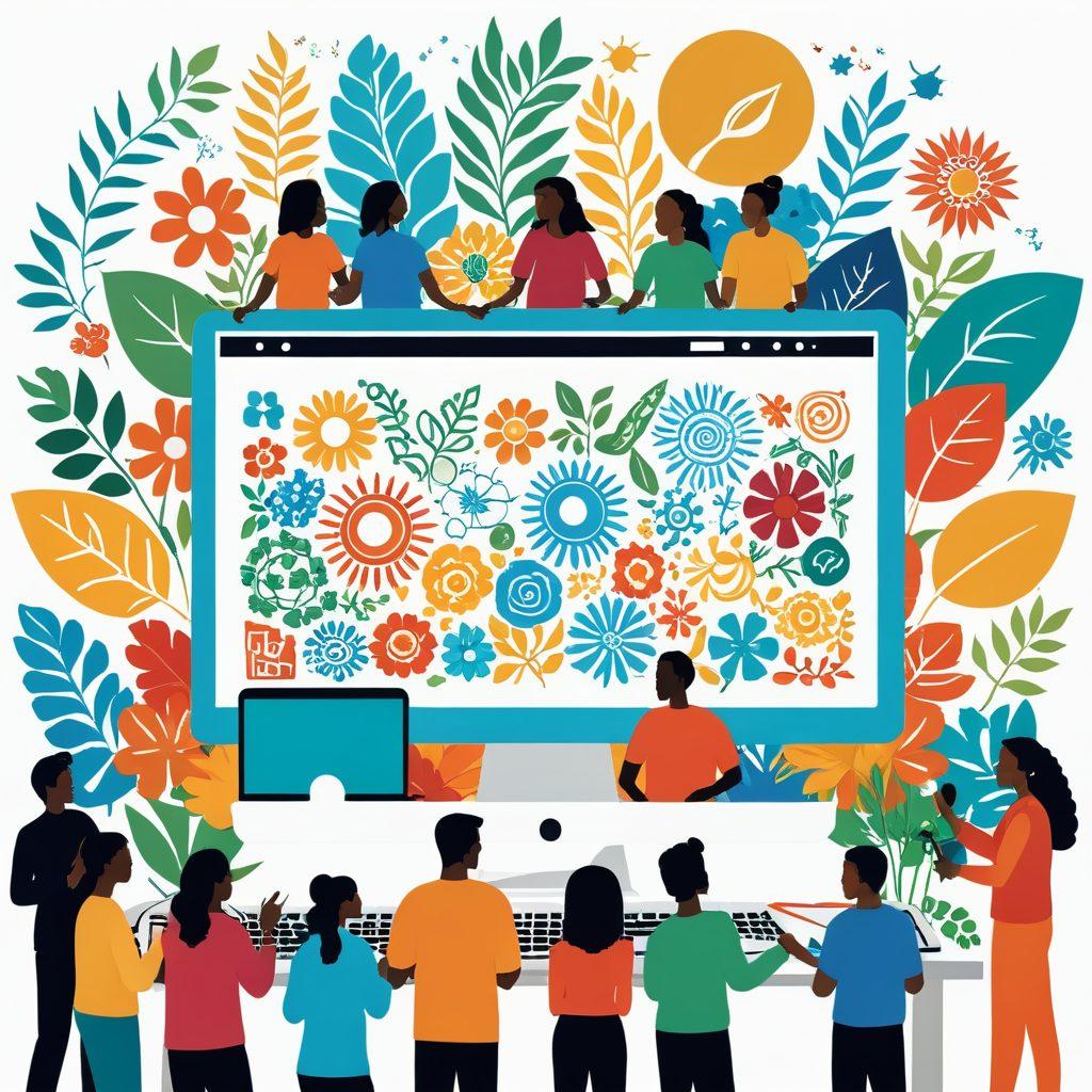 A vibrant illustration of a diverse group of people gathered around a large, colorful computer screen displaying a blog, with symbols of different community activities like gardening, book clubs, and local events swirling around them. Warm, inviting colors to convey connectivity and engagement, radiating a sense of togetherness and creativity. super-realistic. vibrant colors. white background.
