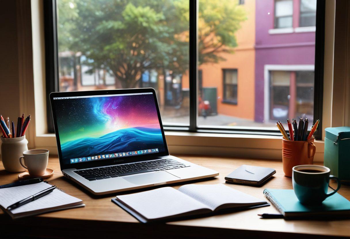 A serene desktop scene showcasing an open laptop displaying a colorful online journal interface. Surrounding the laptop are vibrant stationery items like notebooks, pens, and coffee, symbolizing creativity and community. Soft light spills in from a window, illuminating the workspace and adding warmth. Include abstract thought bubbles representing community engagement and ideas flowing. super-realistic. vibrant colors.